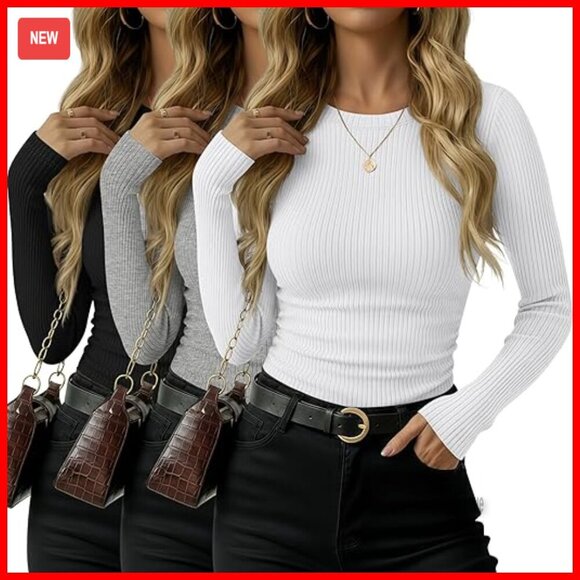 Tops - 3 Pack Women's Ribbed Long Sleeve Cotton T-Shirts Slim Fit Crew Neck
